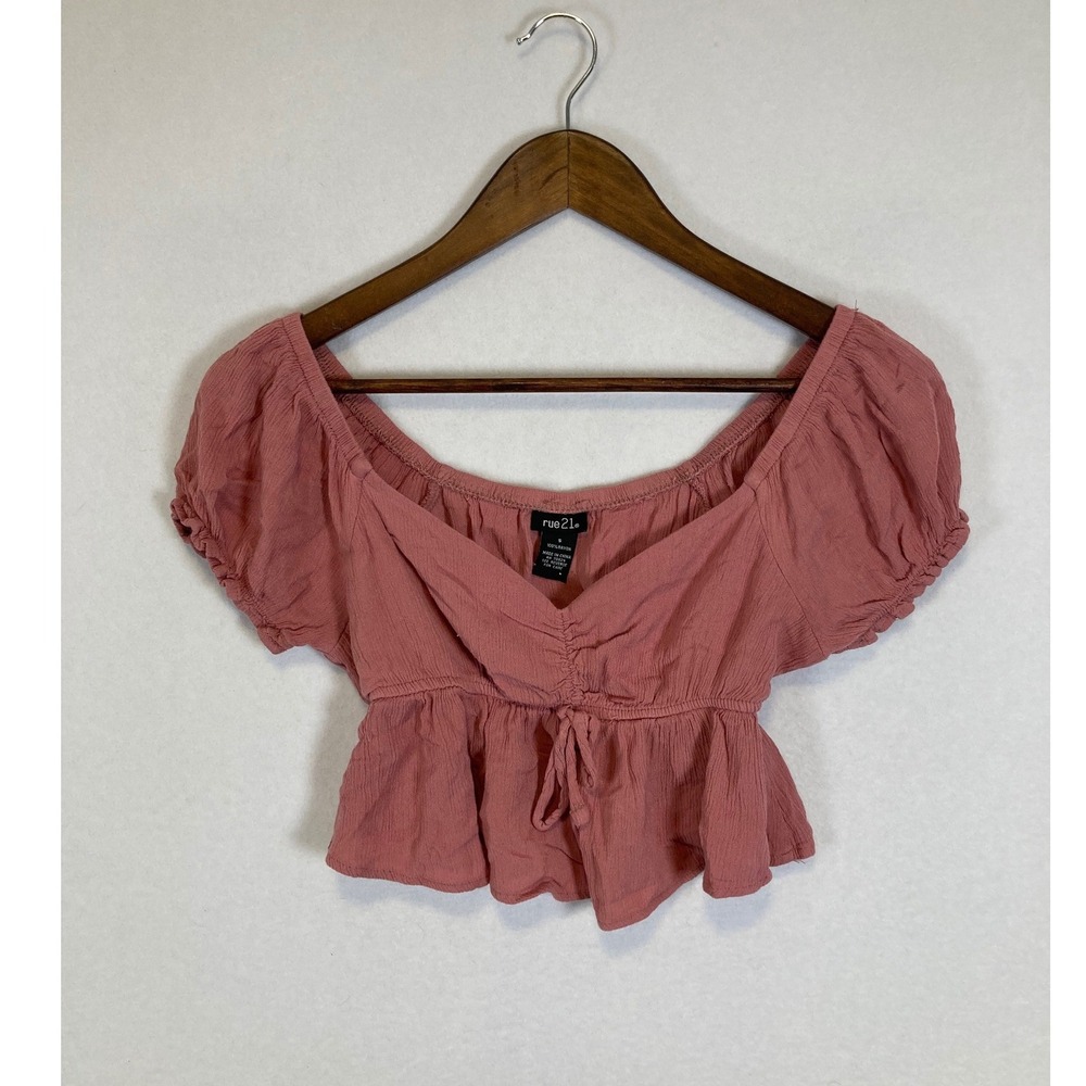 rue21 Peplum Crop Top Womens Small Dusty‎ Rose Boho Puff Sleeve Cinched Front